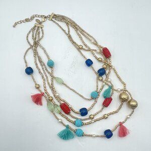 Chico's Colorful Multi-Strand Beaded Necklace With Tassels & Adjustable Gold Cha